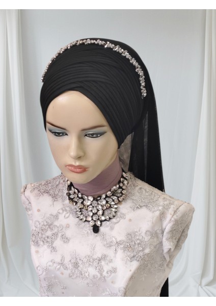Siyah Duvaklı Aksesuarlı Hazır Türban Hazır Şal Abiye Şal indirimleri