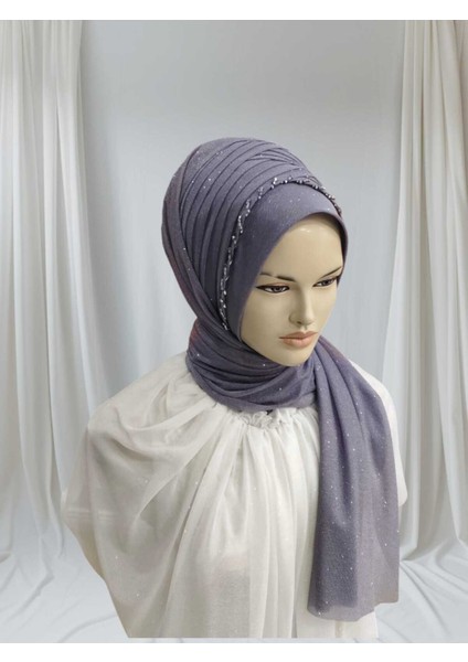 Koyu Gri Işlemeli Hazır Türban Hazır Şal Hazır Duvak