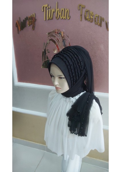 Siyah Full Işlemeli Duvaklı Hazır Türban Hazır Şal Hazır Duvak