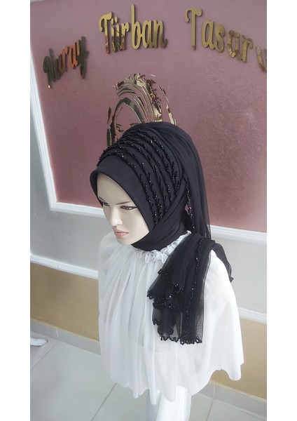 Siyah Full Işlemeli Duvaklı Hazır Türban Hazır Şal Hazır Duvak modelleri