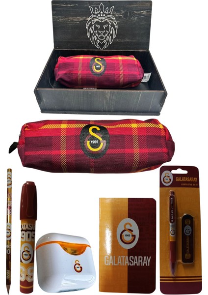 Galatasaray Orjinal Lisanslı Beyaz Air Kalemtraş Ahşap Kutulu 6'lı Kırtasiye Seti