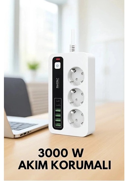 P10 3x Priz 3000W Akım Korumalı 4x USB 2x Type-C Girişli Çoklu Priz fiyatları