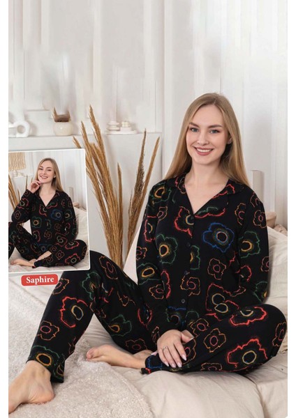 Kadın Çiçek Desen Düğmeli Saphire Pijama Takımı 0474 SIYAH01