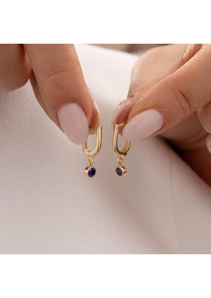 Sallantılı Mavi Renkli 14 Ayar Altın Küpe