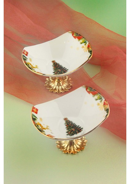 Christmas Tree 2 Adet Altın Yaldızlı Metal Ayaklı Porselen Kase