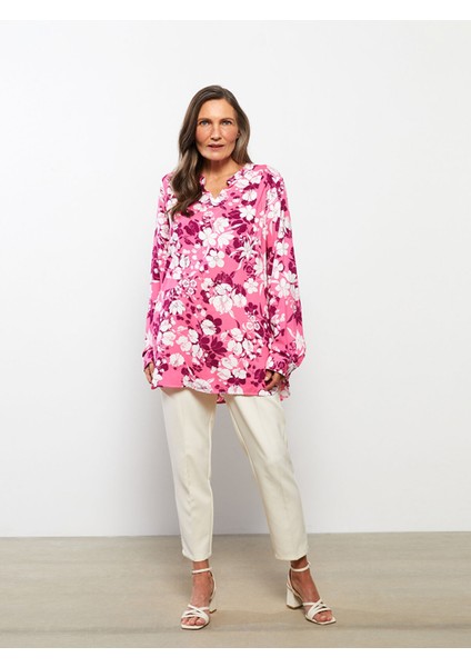 Yeni Sezon Kaçık Yaka Çiçekli Uzun Kollu Viskon Kadın Bluz