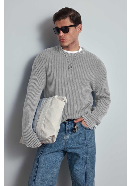 Erkek Oversize Yıkamalı Efektli Basic Kazak Gri