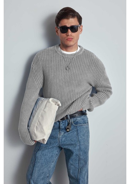 Erkek Oversize Yıkamalı Efektli Basic Kazak Gri fiyatları