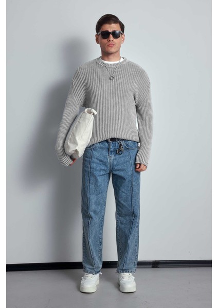 Erkek Oversize Yıkamalı Efektli Basic Kazak Gri modelleri