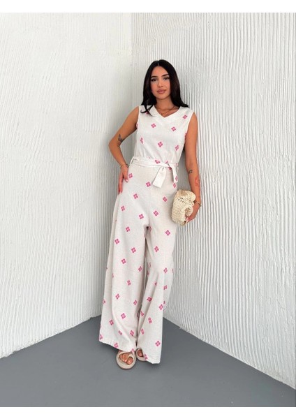 Lvsqvr Sırt Dekolteli Keten Beyaz Tulum S1036 (Beden: M)