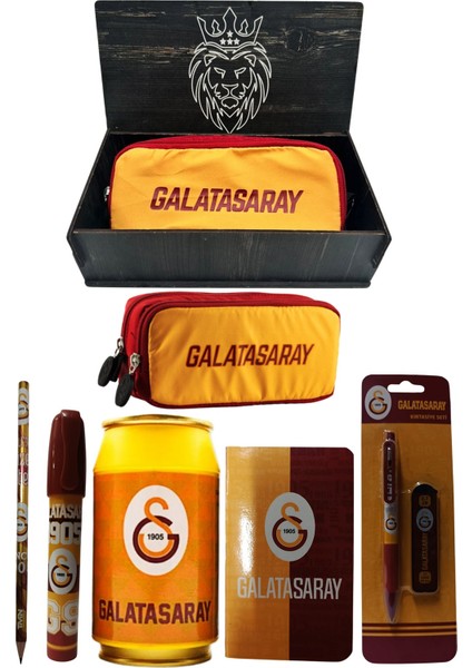 Galatasaray Orjinal Lisanslı Sarı Kutu Kalemtraş Ahşap Kutulu 6'lı Kırtasiye Seti