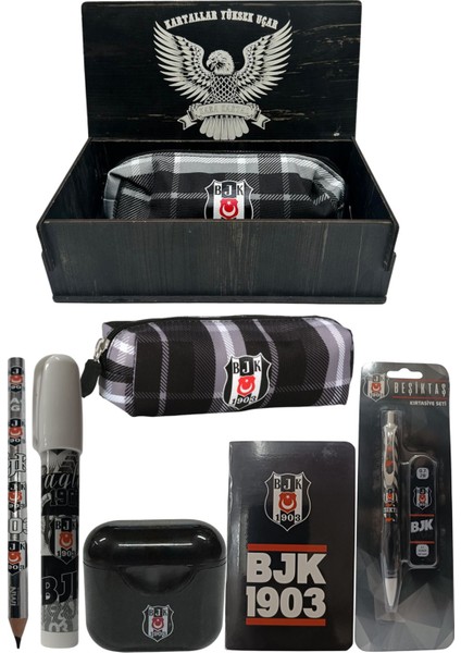 Beşiktaş Orjinal Lisanslı Siyah Air Kalemtraş Ahşap Kutulu 6'lı Kırtasiye Seti