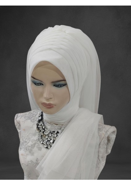 Gelinbaşı Kırık Beyaz Tektek Model Hazır Duvak Hazır Şal Abiye Şal