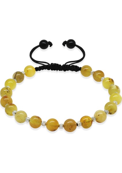 Makrome Örgülü Dorika Top Süslemeli Küre Kesim Sarı Krem Rengi Doğal Damla Kehribar Erkek Bileklik