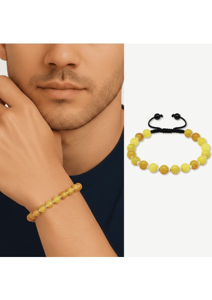 Makrome Örgülü Dorika Top Süslemeli Küre Kesim Sarı Krem Rengi Doğal Damla Kehribar Erkek Bileklik fiyatları