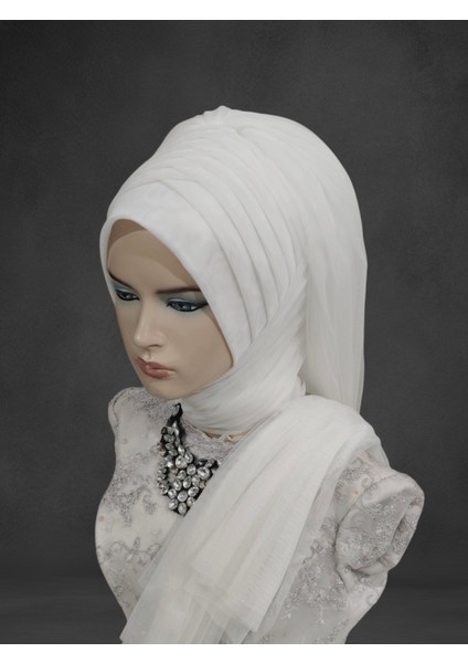 Gelinbaşı Kırık Beyaz Tektek Model Hazır Duvak Hazır Şal Abiye Şal modelleri