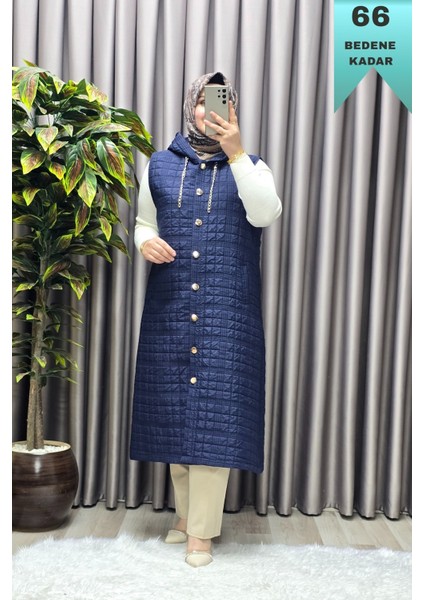 Kadın Giyim Büyük Beden Kapşonlu Astarlı Kare Desen Yelek