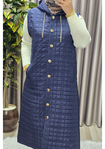 Kadın Giyim Büyük Beden Kapşonlu Astarlı Kare Desen Yelek indirimleri