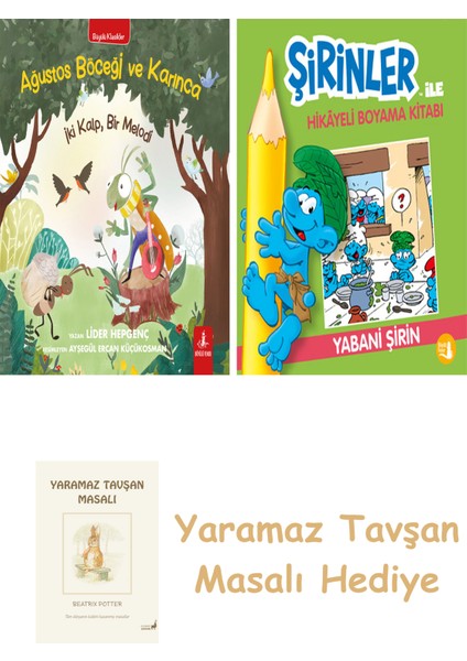 Ağustos Böceği ve Karınca + Şirinler ile Hikâyeli Boyama Kitabı - Yabani Şirin + Yaramaz Tavşan Masalı