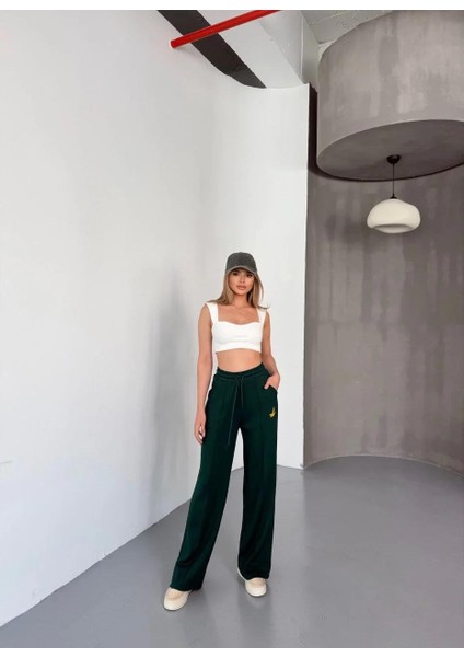 Osy Modal Yumuşak Dokulu Kumaş Nakış Işlemeli Rahat Bol Paça Eşofman Pantalon - Yeşil fırsatları