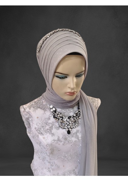 Simli Açık Gri Aksesuar Dahil Hazır Türban Hazır Şal Abiye Şal fiyatları