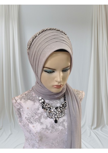 Simli Açık Gri Aksesuar Dahil Hazır Türban Hazır Şal Abiye Şal modelleri