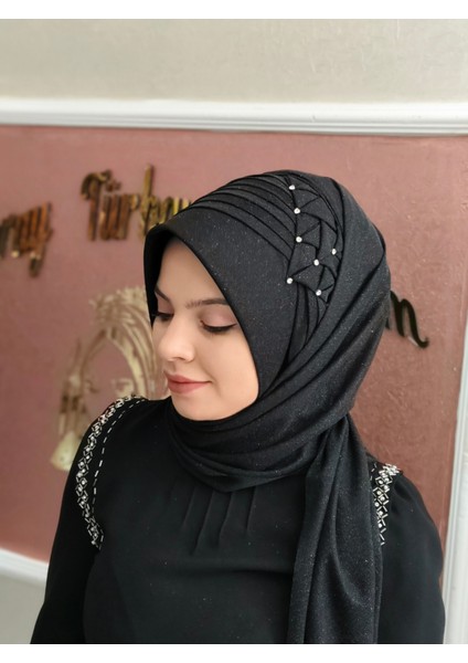 Simli Siyah Taşlı Hazır Duvak Hazır Şal Hazır Türban