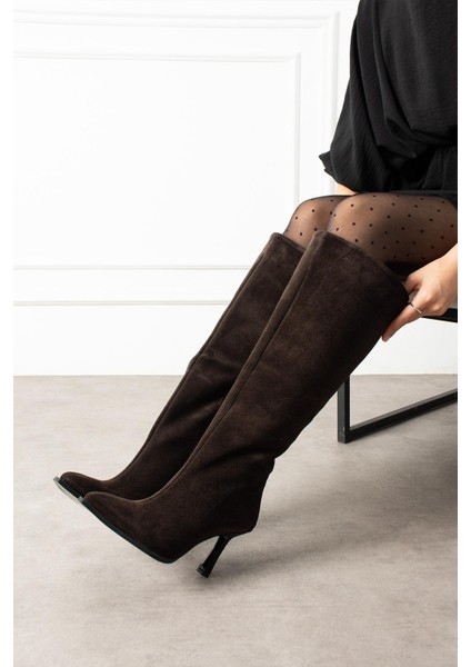 Ovinse Kadın Çizme Ince Topuklu Fermuarlı Hakiki Deri Süet Kahverengi fiyatları