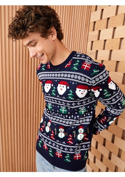 Yeni Sezon Bisiklet Yaka Uzun Kollu Yılbaşı Temalı Erkek Triko Kazak