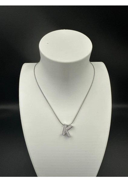 Gümüş Renk Taşlı K Harfi Kolye