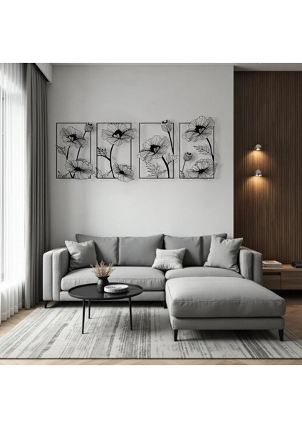 Çerçeveli Çiçek Desenli Metal Tablo Seti – 3D Gölgeli Modern Duvar Dekoru, Zarif Hediye