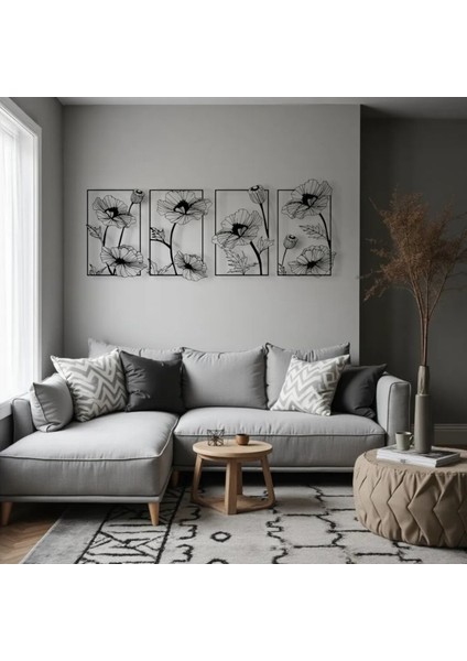 Çerçeveli Çiçek Desenli Metal Tablo Seti – 3D Gölgeli Modern Duvar Dekoru, Zarif Hediye