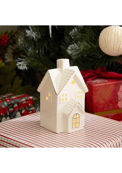 New Year Yılbaşı Ev Şekilli Ledli Dekoratif Obje Beyaz 6,3 x 6,2 x 10,7 cm