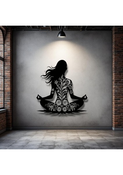 Yoga Pozisyonlu Çiçek Desenli Metal Duvar Dekoru – Huzur ve Dengenin Sembolü