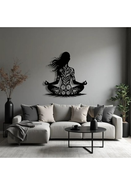 Yoga Pozisyonlu Çiçek Desenli Metal Duvar Dekoru – Huzur ve Dengenin Sembolü