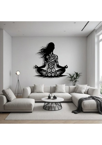 Yoga Pozisyonlu Çiçek Desenli Metal Duvar Dekoru – Huzur ve Dengenin Sembolü