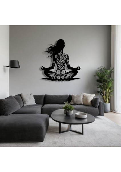 Yoga Pozisyonlu Çiçek Desenli Metal Duvar Dekoru – Huzur ve Dengenin Sembolü