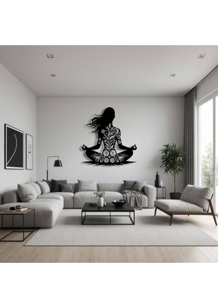 Yoga Pozisyonlu Çiçek Desenli Metal Duvar Dekoru – Huzur ve Dengenin Sembolü