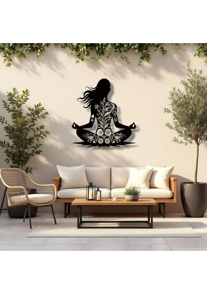 Yoga Pozisyonlu Çiçek Desenli Metal Duvar Dekoru – Huzur ve Dengenin Sembolü