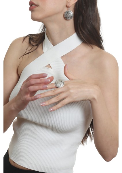 Kadın Antik Gümüş Kaplama Ayarlanabilir Çiçek Motifli Yüzük & Sallantılı Model Küpe fiyatları