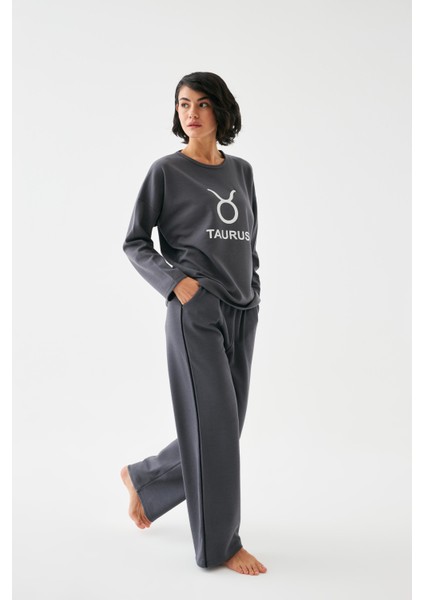 Kadın Füme Boğa Burcu Oversize 2 Iplik Eşofman Ev Giyim Takımı