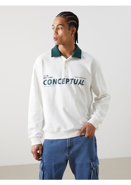 Yeni Sezon Polo Yaka Uzun Kollu Baskılı Erkek Kalın Sweatshirt