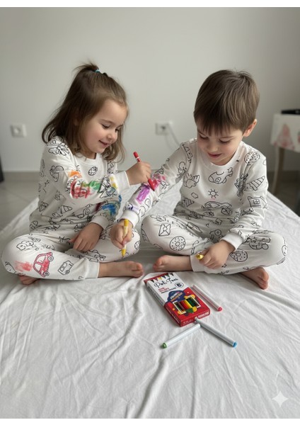 Kız Çocuk Eğlenceli Boyanabilir Pijama Takımı Aktivite Çocuk Giyim Yıkanabilir Pijama Takımı