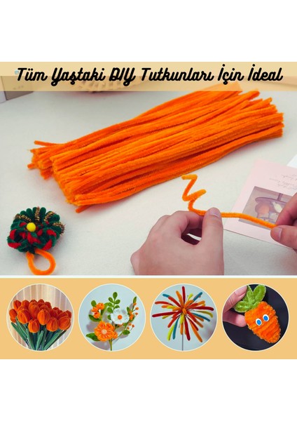 Şönil Tel, El Işi, Dıy, Hobi ve Çiçek Yapım Teli, Turuncu, 100 Adet, 6 mm - 30 cm modelleri