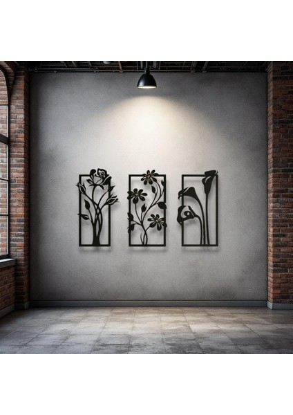 Metal Çiçekli Duvar Dekoru Seti – 3 Parça Modern Minimalist Ev Aksesuarı