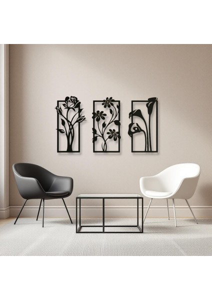 Metal Çiçekli Duvar Dekoru Seti – 3 Parça Modern Minimalist Ev Aksesuarı