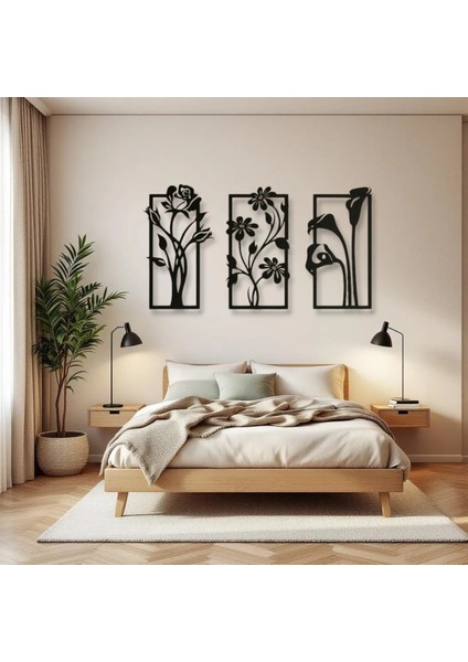 Metal Çiçekli Duvar Dekoru Seti – 3 Parça Modern Minimalist Ev Aksesuarı