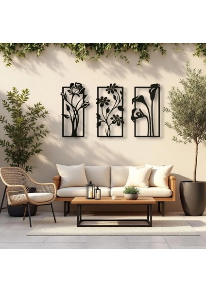 Metal Çiçekli Duvar Dekoru Seti – 3 Parça Modern Minimalist Ev Aksesuarı