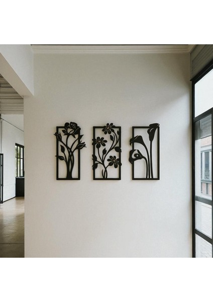 Metal Çiçekli Duvar Dekoru Seti – 3 Parça Modern Minimalist Ev Aksesuarı
