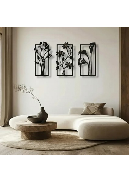 Metal Çiçekli Duvar Dekoru Seti – 3 Parça Modern Minimalist Ev Aksesuarı